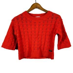 A Monday in Copenhagen Long Sleeve Sweater Scoop Neck Red Open Knit - 6